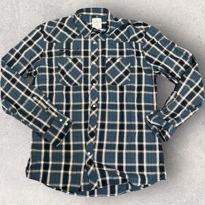 Tom Tailor Shirt Mens XL Plaid Western Pearl Snap Button Up Blue Gray‎ White